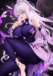 1girl absurdres barefoot blue_eyes blush bodystocking breasts character_request cleavage commission copyright_request deogho_(liujinzy9854) grey_hair highres large_breasts long_hair long_sleeves off_shoulder open_mouth ponytail purple_shirt raccoon_tail see-through_cleavage see-through_clothes shadow shirt tail very_long_hair