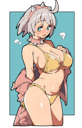 1girl bare_shoulders bikini blue_background blue_eyes blush border breasts collar cowboy_shot elphelt_valentine gold_bikini golden_week golden_week_bikini grey_hair guilty_gear guilty_gear_strive hairband highres itsuka_neru jacket large_breasts off_shoulder pink_collar pink_hairband pink_jacket short_hair simple_background solo spiked_collar spiked_hair spikes swimsuit white_border