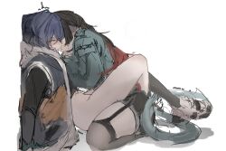 2girls absurdres animal_ears belle_(zenless_zone_zero) bottomless brenn_(idwytl) from_side full_body green_eyes green_hair green_jacket hair_between_eyes highres jacket jane_doe_(zenless_zone_zero) long_hair mouse_ears mouse_girl mouse_tail multicolored_hair multiple_girls red_hair shadow short_hair sidelocks simple_background sitting tail two-tone_hair white_background yuri zenless_zone_zero