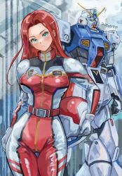 1girl blue_eyes blush bodysuit breasts christina_mackenzie dated frown green_eyes gundam gundam_0080 gundam_alex hair_behind_ear head_tilt helmet highres holding holding_helmet long_hair looking_at_viewer mecha mecha_pilot_suit medium_breasts mobile_suit normal_suit_(gundam) okrdisk2000 red_bodysuit red_hair robot science_fiction unworn_headwear unworn_helmet v-fin very_long_hair