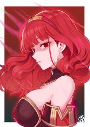 1girl aura bare_shoulders black_background black_bra bra bra_peek breasts celica_(emblem)_(fire_emblem) celica_(fire_emblem) corruption earrings empty_eyes fire_emblem fire_emblem_echoes:_shadows_of_valentia gradient_background highres jewelry large_breasts long_hair looking_at_viewer looking_to_the_side nintendo red_aura red_background red_eyes red_hair revolverwing skindentation solo tiara underwear upper_body