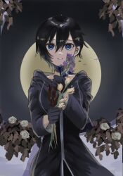 1girl black_coat black_coat_(kingdom_hearts) black_gloves black_hair blue_eyes coat commentary_request daisy_(flower) flower gloves hair_between_eyes highres holding hood hood_down hooded_coat kawame626 kingdom_hearts kingdom_hearts_358/2_days leaf long_sleeves looking_at_viewer purple_flower short_hair solo xion_(kingdom_hearts) yellow_flower