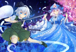 2girls black_hairband blue_eyes blue_hat bow_hairband breasts cherry_blossoms commentary_request full_body green_shoes green_skirt green_vest grey_hair hairband hat highres japanese_clothes konpaku_youmu konpaku_youmu_(ghost) looking_at_viewer mob_cap multiple_girls nanaroku_(fortress76) pink_hair saigyouji_yuyuko scabbard serious sheath shirt shoes short_sleeves skirt smile spirit touhou triangular_headpiece vest white_shirt wide_sleeves