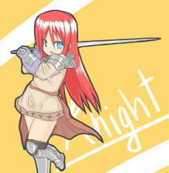 Rule 34 | 1girl, 2000s (style), :d, armor, armored boots, black thighhighs, blue eyes, boots, brown dress, chainmail, character name, commentary request, dress, foot out of frame, gloves, holding, holding sword, holding weapon, knight (ragnarok online), long hair, looking at viewer, open mouth, purple gloves, rafoll, ragnarok online, red hair, smile, solo, standing, standing on one leg, sword, thighhighs, weapon, yellow background