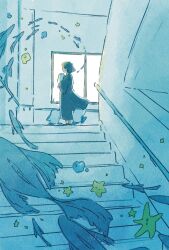 Rule 34 | 1girl, animal, backlighting, bird, blue theme, dress, fish, hashtag-only commentary, highres, holding, holding animal, indoors, long dress, original, painting (medium), penguin, signature, solo, stairs, stairwell, standing, star (symbol), traditional media, watercolor (medium), wide shot, window, yayoi seki