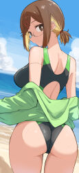 1girl ass beach blonde_hair blue_sky breasts brown_eyes brown_hair cloud competition_swimsuit from_behind green_jacket hair_ornament highres hundredburger jacket jacket_partially_removed koga_konoha large_breasts looking_at_viewer looking_back multicolored_hair ninja_to_koroshiya_no_futarigurashi ocean official_art one-piece_swimsuit open_clothes open_jacket ponytail sky solo stitched_arm stitches swimsuit two-tone_hair two-tone_swimsuit