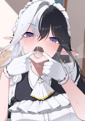1girl absurdres apron black_hair blush commission cum cum_in_mouth earrings eileennoir finger_in_own_mouth gloves gokkun highres indie_virtual_youtuber jewelry long_hair looking_at_viewer maid maid_apron maid_headdress multicolored_hair open_mouth oral_invitation pointy_ears purple_eyes saliva short_sleeves skeb_commission solo sweat teeth tongue tongue_out two-tone_hair upper_teeth_only virtual_youtuber white_apron white_gloves white_hair yanagui_yugi