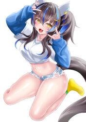 1girl \m/ absurdres animal_ears blue_hair blush breasts brown_hair colored_inner_hair commentary daitaku_helios_(umamusume) denim denim_shorts double_\m/ ear_covers ear_ornament ear_piercing facial_tattoo fang hair_between_eyes highres horse_ears horse_girl horse_tail long_hair long_sleeves medium_breasts multicolored_hair multicolored_nails navel official_alternate_costume open_mouth piercing short_shorts shorts side_ponytail sidelocks simple_background skin_fang smile socks solo stomach streaked_hair tail tattoo thighs tsuyusora umamusume white_background yellow_eyes yellow_socks