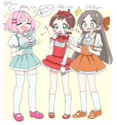 3girls absurdres ahoge aqua_dress blunt_ends blush_stickers bouncing_breasts bow breast_envy breasts bright_pupils brown_hair closed_eyes commentary dress flying_sweatdrops full_body gakuen_idolmaster gloves hair_bow height highres idolmaster idolmaster_cinderella_girls idolmaster_million_live! in-franchise_crossover kinoshita_hinata kuramoto_china large_breasts long_hair looking_at_breasts multicolored_hair multiple_girls open_mouth orange_dress orange_shoes parted_bangs pink_bow pink_hair pink_shoes polka_dot polka_dot_dress puffy_short_sleeves puffy_sleeves red_bow red_dress red_shoes shoes short_hair short_sleeves speech_bubble standing straight_hair sukoyaka_(100hituzi) thighhighs thought_bubble translated two-tone_hair very_long_hair white_gloves white_pupils white_thighhighs yumemi_riamu