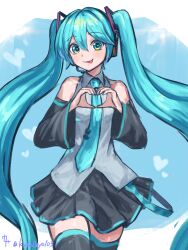 1girl aqua_eyes aqua_hair aqua_necktie artist_name black_skirt cowboy_shot detached_sleeves female_focus grey_shirt hair_between_eyes hatsune_miku headset heart heart-shaped_pupils heart_hands highres kureikyo1031 long_hair looking_at_viewer matching_hair/eyes microphone miniskirt necktie pleated_skirt shirt signature simple_background skirt smile solo standing symbol-shaped_pupils thighhighs tongue tongue_out twintails very_long_hair vocaloid