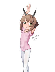 1girl absurdres aged_down arms_up athletic_leotard ballerina ballet commentary flipped_hair green_eyes headgear highres kantai_collection leotard maru_(marg0613) mutsu_(kancolle) one-hour_drawing_challenge pantyhose pink_leotard short_hair simple_background solo white_background white_pantyhose