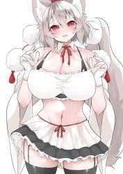 1girl absurdres animal_ears black_bra black_skirt black_thighhighs bra breasts cleavage collar collarbone curvy detached_collar detached_sleeves frilled_tube_top frills garter_straps gloves hat highres inubashiri_momiji large_breasts layered_skirt midriff navel neck_ribbon open_mouth pom_pom_(clothes) red_eyes red_hat red_ribbon regua ribbon simple_background skirt solo strapless tail thick_thighs thighhighs thighs tokin_hat touhou tube_top underwear white_background white_collar white_gloves white_hair white_skirt white_tube_top wide_sleeves wolf_ears wolf_tail