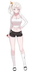 1girl absurdres black_shorts blue_eyes breasts camisole cleavage collarbone commentary_request crop_top cropped_jacket dolphin_shorts expressionless faust_(project_moon) full_body hand_on_own_hip highres jacket kneehighs korean_commentary large_breasts limbus_company long_sleeves looking_at_viewer medium_hair midriff navel open_clothes open_jacket project_moon sandals seungju shirt short_shorts shorts side_ponytail simple_background sleeveless sleeveless_shirt socks solo spaghetti_strap stomach sweat thighs white_background white_hair white_jacket white_shirt white_socks