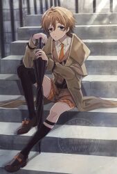 Rule 34 | 1boy, asymmetrical legwear, black socks, black thighhighs, black umbrella, blue eyes, brown hair, brown shoes, brown shorts, brown vest, closed umbrella, coat, collared shirt, full body, grey coat, highres, holding, holding umbrella, knee up, looking at viewer, male focus, necktie, ohuman, oliver fog, on stairs, orange necktie, reverse:1999, shirt, shoes, short hair, shorts, single sock, single thighhigh, sitting, sitting on stairs, socks, solo, stairs, thighhighs, umbrella, uneven legwear, vest, watermark, white shirt