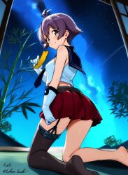 1girl antenna_hair bamboo bare_shoulders beach black_thighhighs closed_mouth commentary_request cropped_shirt eckert&amp;eich elbow_gloves from_below gloves highres holding kantai_collection kneeling looking_at_viewer midriff miniskirt night night_sky one-hour_drawing_challenge outdoors pleated_skirt purple_hair red_skirt sakawa_(kancolle) school_uniform shirt short_hair single_thighhigh skirt sky sleeveless sleeveless_shirt smile solo thighhighs thighs white_gloves white_shirt yellow_eyes