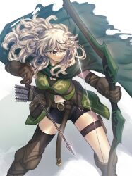 1girl :o arrow_(projectile) belt black_shorts black_thighhighs blonde_hair boots bow_(weapon) breasts brown_belt brown_boots brown_gloves cape commentary_request commission fate_(series) floating_hair gloves green_cape highres holding holding_arrow holding_bow_(weapon) holding_weapon long_hair medium_breasts midriff navel original quiver robin_hood shadow shoori_(migiha) short_shorts shorts simple_background solo takeuchi_takashi_(style) thighhighs torn_cape torn_clothes weapon white_background yellow_eyes