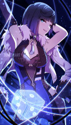 1girl absurdres armpits arms_up black_pants blue_dress blue_eyes blue_hair blunt_bangs breasts cleavage commentary_request dice dress fur-trimmed_jacket fur_trim genshin_impact grin highres jacket jacket_on_shoulders junebuart looking_at_viewer medium_breasts pants short_hair sleeveless sleeveless_dress smile solo white_jacket yelan_(genshin_impact)