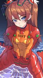 1girl absurdres arm_support blue_eyes bodysuit breasts commentary covered_navel double-parted_bangs english_commentary evangelion:_2.0_you_can_(not)_advance from_above full_body hair_between_eyes hair_ornament highres interface_headset_(evangelion) kneeling kneeling_on_liquid long_hair looking_at_viewer mecha_pilot_suit medium_breasts neon_genesis_evangelion orange_bodysuit orange_hair parted_lips plugsuit_(evangelion) rebuild_of_evangelion red_bodysuit sidelocks sitting slammo solo souryuu_asuka_langley test_plugsuit_(evangelion) two_side_up wariza water