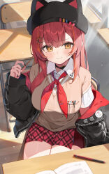 1girl :3 absurdres black_choker black_hat black_jacket black_nails blush book brown_sweater chair choker classroom desk dress_shirt earrings food hat highres holding holding_food jacket jewelry looking_at_viewer mechanical_pencil neckerchief nekota_tsuna nekota_tsuna_(4th_costume) orange_eyes pencil plaid_clothes plaid_skirt pleated_skirt red_hair red_skirt school_chair school_desk shirt sitting skirt smile solo stud_earrings sunlight sweater taht_(that_is_mm) vspo! white_shirt window wooden_floor