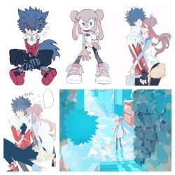 1boy 1girl annoyed blue_eyes blue_hair blue_pants blue_shoes blue_sleeves brown_hair building ciuchviicuq closed_mouth double_bun from_behind furrification furry furry_female furry_male gloves hair_bun highres hug hugh_(pokemon) long_hair looking_at_another looking_back multicolored_shirt nintendo pants pokemon pokemon_bw2 raglan_sleeves red_shoes rosa_(pokemon) shirt shoes short_hair shorts sitting smile sonic_(series) standing teeth visor_cap white_shirt yellow_shorts