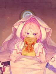 1girl absurdres animal_hood blue_eyes blurry blurry_foreground blush book citlali_(genshin_impact) commentary_request covering_own_mouth depth_of_field facial_tattoo genshin_impact highres holding hood hood_up indoors lofter_username long_hair long_sleeves looking_at_viewer mibai_yume multicolored_eyes pillow pink_hair pink_pupils purple_nails sleeves_past_wrists solo tattoo under_covers white_blanket white_hood
