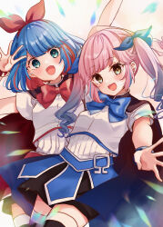 2girls :d arms_up black_cape black_shorts black_thighhighs blue_bow blue_eyes blue_hair blue_ribbon bow breasts brown_background brown_eyes cape commentary_request gradient_hair hair_ribbon highres long_hair looking_at_viewer multicolored_hair multiple_girls omega_ray omega_rio omega_sisters open_mouth pink_hair red_bow red_hair red_ribbon ribbon rino_cnc shirt short_sleeves shorts siblings sisters small_breasts smile thighhighs twintails two-tone_hair virtual_youtuber white_shirt