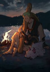 Rule 34 | 1boy, animal, arm support, barefoot, bead necklace, beads, campfire, earrings, fox, full body, green eyes, green hair, hat on back, highres, japanese clothes, jewelry, male focus, necklace, night, one piece, plytometo, roronoa zoro, short hair, sideburns, sitting