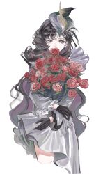 1girl absurdres black_gloves black_hair bouquet covered_mouth cowboy_shot cropped_legs flower flower_over_mouth gloves grey_hat grey_jacket grey_skirt hat highres holding holding_bouquet isolde_(and_all_that_jazz)_(reverse:1999) isolde_(reverse:1999) jacket long_hair looking_at_viewer official_alternate_costume purple_eyes red_flower red_rose reverse:1999 rose skirt solo very_long_hair wavy_hair white_background wowowoo