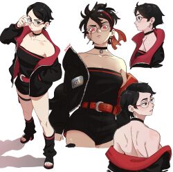 1girl absurdres adjusting_eyewear back bare_shoulders belt black_eyes blood bloody_tears boruto:_two_blue_vortex choker dashi_(dashiart) forehead_protector glaring glasses high_heels highres jacket konohagakure_symbol naruto_(series) off_shoulder sharingan short_hair short_shorts shorts shoulder_blades solo strapless tube_top uchiha_sarada
