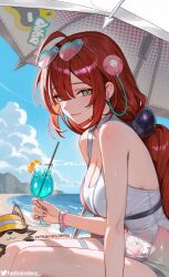 1girl ahoge artist_name bare_shoulders blue_sky bracelet breasts cleavage closed_mouth cloud commentary cup day drinking_glass drinking_straw eyewear_on_head fingernails food from_side fruit glint gradient_nails green_eyes hearing_aid heart heart-shaped_eyewear heart_sticker helloimtea highres holding holding_cup jewelry juice large_breasts looking_at_viewer nail_polish ocean official_alternate_costume one-piece_swimsuit orange_(fruit) orange_slice outdoors paid_reward_available patreon_username pink_nails red_hair shore sidelocks sitting sky smile solo sphere_hair_ornament sticker_on_face sunglasses swimsuit symbol-only_commentary tanuki thighs twitter_username ukinami_yuzuha ukinami_yuzuha_(tanuki_in_broad_daylight) umbrella white_one-piece_swimsuit white_umbrella yellow_nails