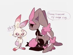 1boy 1girl alternate_color animal_ears animal_hands animal_nose black_sclera body_fur brown_fur colored_sclera full_body furry furry_female gen_4_pokemon gen_8_pokemon highres looking_at_another lopunny masayo_(skip) mega_lopunny mega_pokemon mega_stone nintendo pantyhose pink_eyes pink_fur pokemon pokemon_(creature) rabbit_ears rabbit_girl rabbit_tail red_eyes red_fur salute scorbunny shiny_pokemon simple_background smile standing tail torn_clothes torn_pantyhose two-tone_fur white_background white_fur