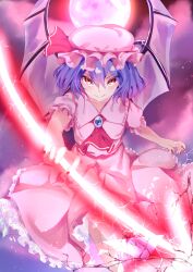 1girl absurdres ascot bat_wings blue_brooch brooch closed_mouth collared_shirt commentary_request fang frilled_shirt_collar frilled_skirt frills full_moon hat hat_ribbon highres holding holding_polearm holding_weapon jewelry looking_at_viewer mob_cap moon pink_hat pink_shirt pink_skirt polearm purple_hair red_ascot red_eyes red_moon red_nails rei_(farta_litia) remilia_scarlet ribbon shirt short_sleeves skin_fang skirt smile solo spear_the_gungnir touhou weapon wings