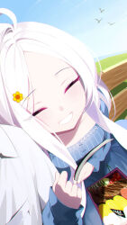 Rule 34 | 1girl, 1other, ahoge, alternate costume, arm hug, bento, blue archive, blue dress, book, closed eyes, dress, flower, forehead, grin, hair flower, hair ornament, highres, hina (blue archive), holding, holding book, long hair, on bench, parted bangs, shirt, sidelocks, sitting, smile, white hair, white shirt, wo chi xiangjiao pi, yellow flower