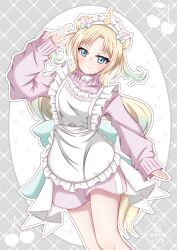 &gt;:) 1girl absurdres alternate_costume animal_ear_hairband animal_ears apron blonde_hair blue_eyes blue_hair border cherry closed_mouth commentary fake_animal_ears fang fang_out feet_out_of_frame food frilled_apron frills fruit gradient_hair grey_border hairband highres horn_hairband horns horse_ears jacket jersey_maid link!_like!_love_live! long_hair long_sleeves love_live! maid maid_apron maid_headdress multicolored_hair osawa_rurino oval_image pinching_sleeves pink_jacket pink_shorts short_shorts shorts single_horn sleeves_past_wrists solo split_mouth toniko_(ncmk_yua) track_jacket twintails unconventional_maid unicorn_horn v-shaped_eyebrows virtual_youtuber w watermark white_apron white_background