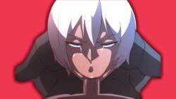 1boy 1girl :&gt; :&gt;= ahegao animated assertive_female blush bob_cut bouncing_breasts breasts censored cum cum_in_mouth dark-skinned_female dark_skin deepthroat ejaculation erection fake_screenshot fellatio hetero internal_cumshot kangoku_senkan kangoku_senkan_2 kiria_jef large_breasts lips lipstick looking_at_another looking_at_viewer makeup moaning murakami_teruaki_(style) oral parted_lips penis pov precum pumping red_background saliva shiny_skin short_hair simple_background solo_focus teardrop tears trembling uranosaxia video white_hair
