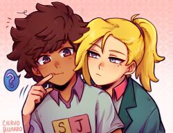 2girls ? amphibia anne_boonchuy artist_name blonde_hair blue_eyes brown_eyes brown_hair cheek_poking ciervobizarro dark_skin grey_shirt index_finger_raised jacket light_blush looking_at_another mole mole_under_eye multiple_girls patterned_background pink_background poking ponytail sasha_waybright school_uniform shirt short_hair sjms_school_uniform upper_body yuri