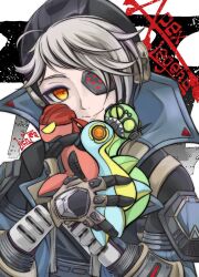 1girl apex_legends black_jacket black_shirt brown_eyes character_doll classic_revenant copyright_name deep_current_wattson doll eyepatch eyeshadow fusion grey_eyes head_tilt highres holding holding_stuffed_toy hood hood_up hooded_shirt jacket lich_cha makeup nessie_(respawn) octane_(apex_legends) one_eye_covered pathfinder_(apex_legends) portrait purple_eyeshadow revenant_(apex_legends) shirt smile solo stuffed_toy wattson_(apex_legends)