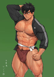 10s 1boy bad_id bad_pixiv_id bara black_hair blush bulge cowboy_shot crotch doudanuki_masakuni erection erection_under_clothes hand_in_own_hair large_pectorals male_focus male_underwear manly muscular nipples pectorals penis solo sweat thighs touken_ranbu underwear white_male_underwear yuatari