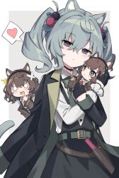 animal_ears aqua_hair ascot belt homura_berry_(satou_(3366_s)) black_choker black_coat black_gloves black_hairband black_sweater_vest black_vest blue_eyes brown_coat cat_ears cat_girl cat_tail character_doll choker clothes_down clover_brooch coat coat_on_shoulders daisy_(flower) diamond_in_eye doll eye_glitter flower friends fumo_(doll) gloves green_belt hairband half_gloves heart highres holding holding_doll knife knife_sheath kurioshi_fio_(satou_(3366_s)) multicolored_hair_bobbles original red_ascot satou_(3366_s) sheath sweater_vest tail vest