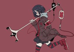 1girl bags_under_eyes biohazard_symbol blood blood_bag highres holding itoshiki_eru original pale_skin red_background short_hair simple_background skirt socks striped_clothes striped_socks