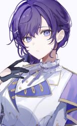 1girl asahina_mafuyu black_gloves bow braid breasts buttons collar frilled_collar frills glove_cutout gloves hair_bow hair_bun hand_up jacket lapels looking_at_viewer medium_breasts neck_ribbon official_alternate_costume official_alternate_hairstyle parted_lips project_sekai purple_eyes purple_hair ribbon shoulder_boards sidelocks single_hair_bun solo striped_ribbon upper_body white_background white_collar white_jacket yukiusagi_(yukiusagi_52)