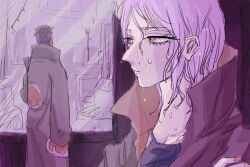 Rule 34 | 1boy, 1girl, akatsuki (naruto), akatsuki uniform, black hair, eyeshadow, face piercing, katouko, konan (naruto), labret piercing, makeup, mask, nail polish, naruto (series), naruto shippuuden, purple hair, rain, short hair, tobi (naruto), uchiha obito, wet