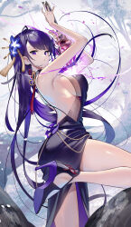 1girl armpits arms_up backless_dress backless_outfit bare_legs black_dress blue_flower breasts chain closed_mouth drawing_sword dress electricity falling_petals fantasy flower fog from_side genshin_impact gold_chain hair_flower hair_ornament hand_on_hilt high_heels highres holding holding_sword holding_weapon human_scabbard large_breasts leg_up long_dress looking_at_viewer magic mitsudomoe_(shape) mole mole_under_eye multicolored_flower outdoors petals purple_dress purple_eyes purple_hair purple_petals raiden_shogun scottie_(phantom2) sideboob sleeveless sleeveless_dress solo standing standing_on_one_leg sword sword_between_breasts tassel tassel_hair_ornament thighs tomoe_(symbol) tree two-tone_dress vision_(genshin_impact) weapon white_flower