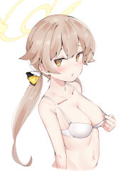 1girl absurdres blue_archive blush bra bra_pull breasts clothes_pull collarbone from_side hair_between_eyes hand_up hifumi_(blue_archive) highres komasi light_brown_hair long_hair looking_at_viewer looking_to_the_side medium_breasts navel nipples open_mouth presenting pulling_own_clothes simple_background solo teasing twintails underwear upper_body very_long_hair white_background yellow_eyes
