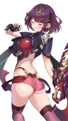 1girl aegis_sword_(xenoblade) alternate_color ass black_gloves bob_cut breasts closed_eyes closed_mouth commentary_request earrings fingerless_gloves from_behind gloves hand_up highres holding holding_sword holding_weapon jewelry large_breasts looking_back matrix16 micro_shorts purple_hair pyra_(xenoblade) red_shorts red_thighhighs short_hair shorts simple_background solo swept_bangs sword thighhighs tiara twisted_torso weapon white_background xenoblade_chronicles_(series) xenoblade_chronicles_2