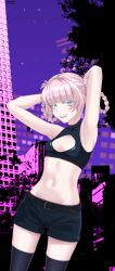 1girl absurdres armpits arms_behind_head artist_name bare_arms black_shorts black_thighhighs blue_eyes blunt_bangs braid braided_hair_rings breasts cleavage_cutout clothing_cutout commentary_request cowboy_shot crop_top finn_flint hair_rings highres looking_at_viewer midriff nanakusa_nazuna_(yofukashi_no_uta) navel open_mouth pink_hair purple_background ringed_eyes short_shorts shorts sleeveless small_breasts smile solo stomach teeth thighhighs twitter_username upper_teeth_only yofukashi_no_uta