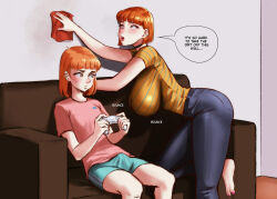 1boy 1girl barefoot black_choker blue_shorts blunt_bangs bob_cut breasts bulge chocolategmeboy choker cleaning denim english_text erection erection_under_clothes huge_breasts looking_at_breasts mature_female mother_and_son nail_polish orange_eyes orange_hair original parted_lips pink_nails pink_shirt shirt short_hair short_sleeves shorts sideways_glance speech_bubble striped_clothes striped_shirt sweatdrop talking toes wiping yellow_shirt