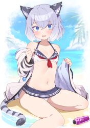 1girl animal_ear_fluff animal_ears beach bikini bikini_skirt bikini_under_clothes blue_eyes blue_hair breasts cat_ears cat_girl cat_tail gradient_hair hood hood_down hoodie light_blue_hair long_sleeves looking_at_viewer multicolored_hair navel ocean open_clothes open_hoodie open_mouth original palm_tree pleated_skirt sailor_bikini sailor_collar short_hair sitting skirt small_breasts stomach swimsuit tail tanning_oil tree ug_(nekonekodou) white_hair