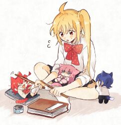 4girls ahoge animal_ears black_skirt blonde_hair blue_eyes blush bocchi_the_rock! book bow bowtie brown_shirt can cat_ears cat_girl cat_tail choppy_bangs closed_eyes closed_mouth commentary_request cube_hair_ornament deformed depressed dot_nose drumsticks flustered fuji_1221 gotoh_hitori green_eyes hair_in_another&#039;s_mouth hair_ornament happy highres holding holding_drumsticks ijichi_nijika indian_style jacket kessoku_band kita_ikuyo long_hair long_sleeves looking_at_another lying mini_person multiple_girls no_shoes on_back on_lap open_mouth orange_eyes pants pet_food pink_hair pink_jacket pink_pants playing pleated_skirt polka_dot polka_dot_bow polka_dot_bowtie red_bow red_bowtie school_uniform shimokitazawa_high_school_uniform shirt shuka_high_school_uniform side_ponytail simple_background sitting skirt smile socks standing sweatdrop tail v-shaped_eyebrows very_long_hair white_background white_shirt white_socks yamada_ryo