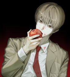 1boy apple black_background blood blood_on_clothes blood_on_face blood_on_hands brown_eyes brown_hair collared_shirt death_note eoseo88 food fruit gradient_background hair_between_eyes highres holding holding_food holding_fruit long_sleeves looking_at_viewer male_focus necktie red_background red_necktie shirt short_hair solo upper_body wavy_hair white_shirt yagami_light